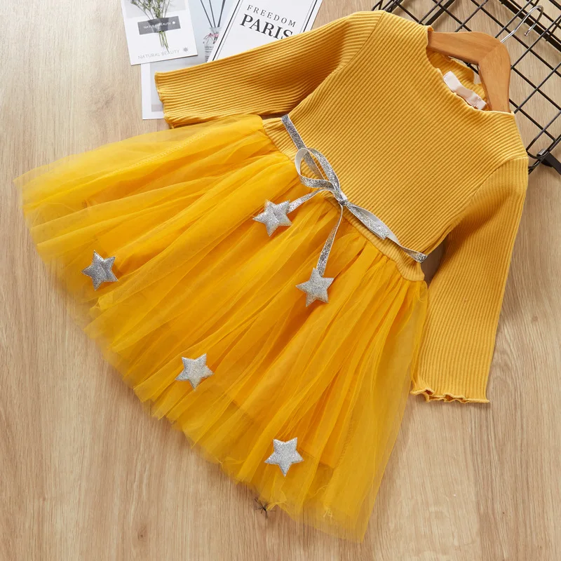 

Chidren Party Wedding Dress Sequies Star Girls Evening Gown Mesh Sitching Birthday Clothes Knitted Warm Daily Outfits Kids Tutu