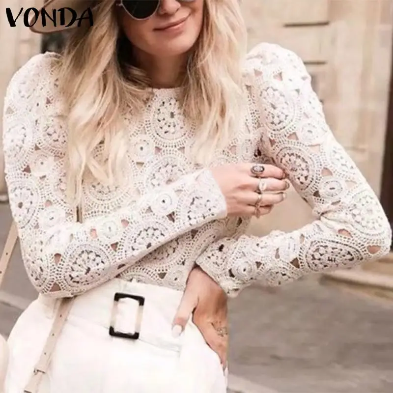 VONDA, Офисная Женская блузка с длинным рукавом, полый топ, туника, весна-лето, вечерние рубашки, Пляжная блуза, Повседневная блуза размера плюс
