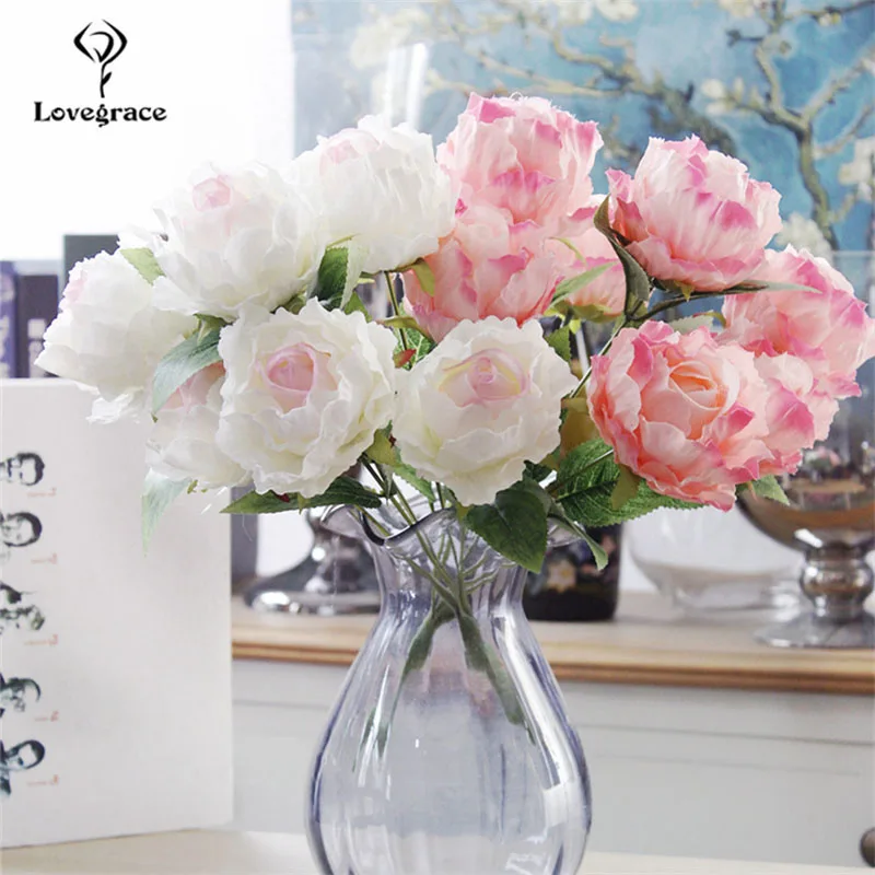 Lovegrace Bridesmaid Wedding Bouquet 7 Heads Rose Peony Artificial Silk Flower Pink Office Home Party Decoration Wedding Flowers