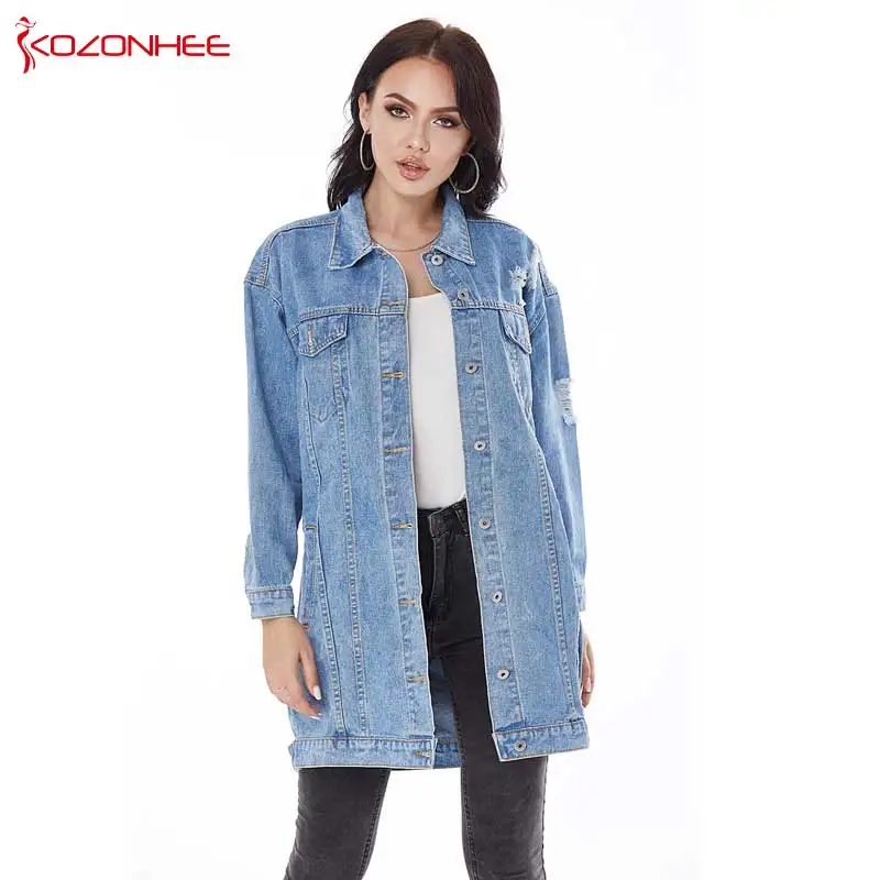 

Fashion Hole Inelastic Women Long Denim Coat Jeans Coats Casual pocket Jackets Women Frayed Vintage Jeans Jacket #02
