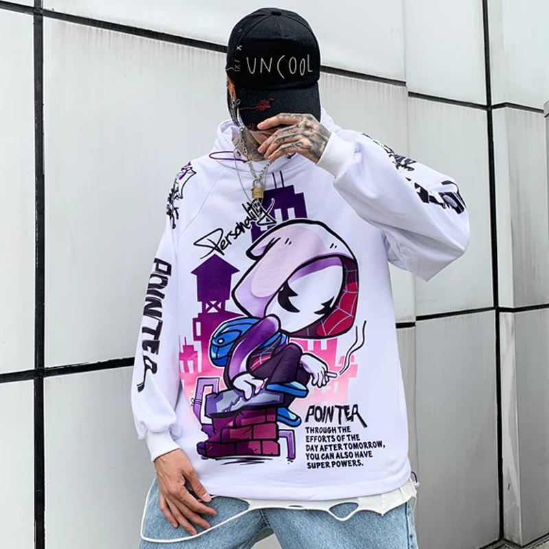 Harajuku мужская толстовка с капюшоном хип хоп Мультфильм пуловер, худи с принтом Уличная Повседневная модная одежда осень WG529
