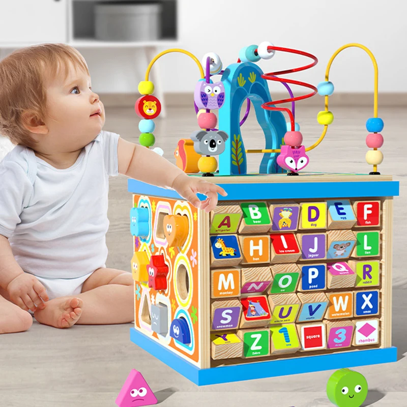 Wooden Multipurpose Activity Cube Toys Montessori Educational Early Learning Around Bead Maze Animal Cognition Children's | Игрушки и