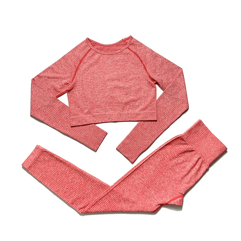 Coral red Бесшовный комплект из 2 предметов для йоги, тренировочная одежда для женщин, леггинсы для фитнеса, комплект для спортзала с длинным рукавом, укороченный топ для спортзала - Цвет: Coral red
