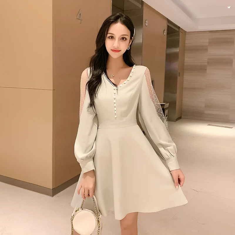 Tanie 2019 na co dzień kobiety nowy V z długim rękawem z długim rękawem przędzy netto francuski rysunek sukienka modna sukienka