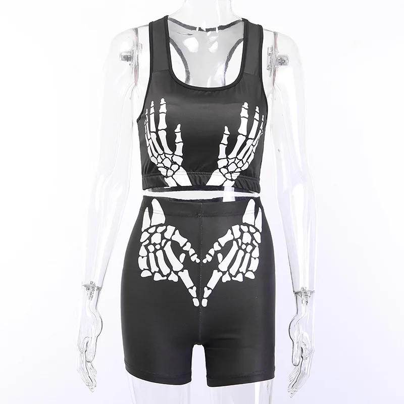 Halloween Two Piece Set Womens Gothic Clothes Outfits Sleeveless Cropped Tops+ High Waist Shorts Crossbones Printed Clothes Set