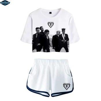 

2019 BIGBANG Set Korea Idol Round Neck Short Sleeve Stripe Print Sport Suit women 3D Fashion comfortable Women Shorts Suit