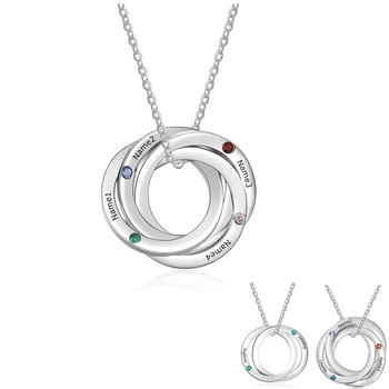 

Personalized Engraved 2-4 Russian Ring Pendant Necklace with Birthstone Stainless Steel Custom Family Name Necklaces for Women