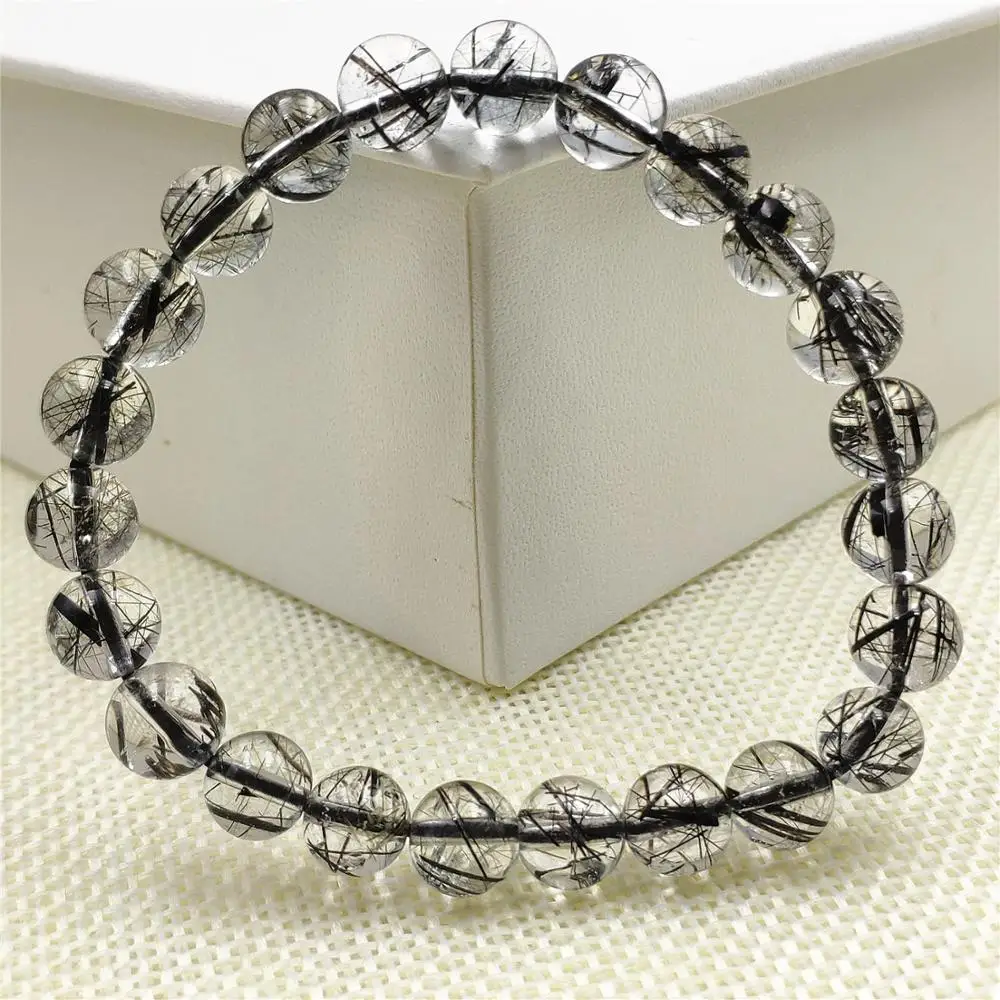 Natural Black Rutilated Quartz Crystal Clear Round Beads Bracelet 7.5mm Wealthy Stone Women Men From Brazil AAAAAA