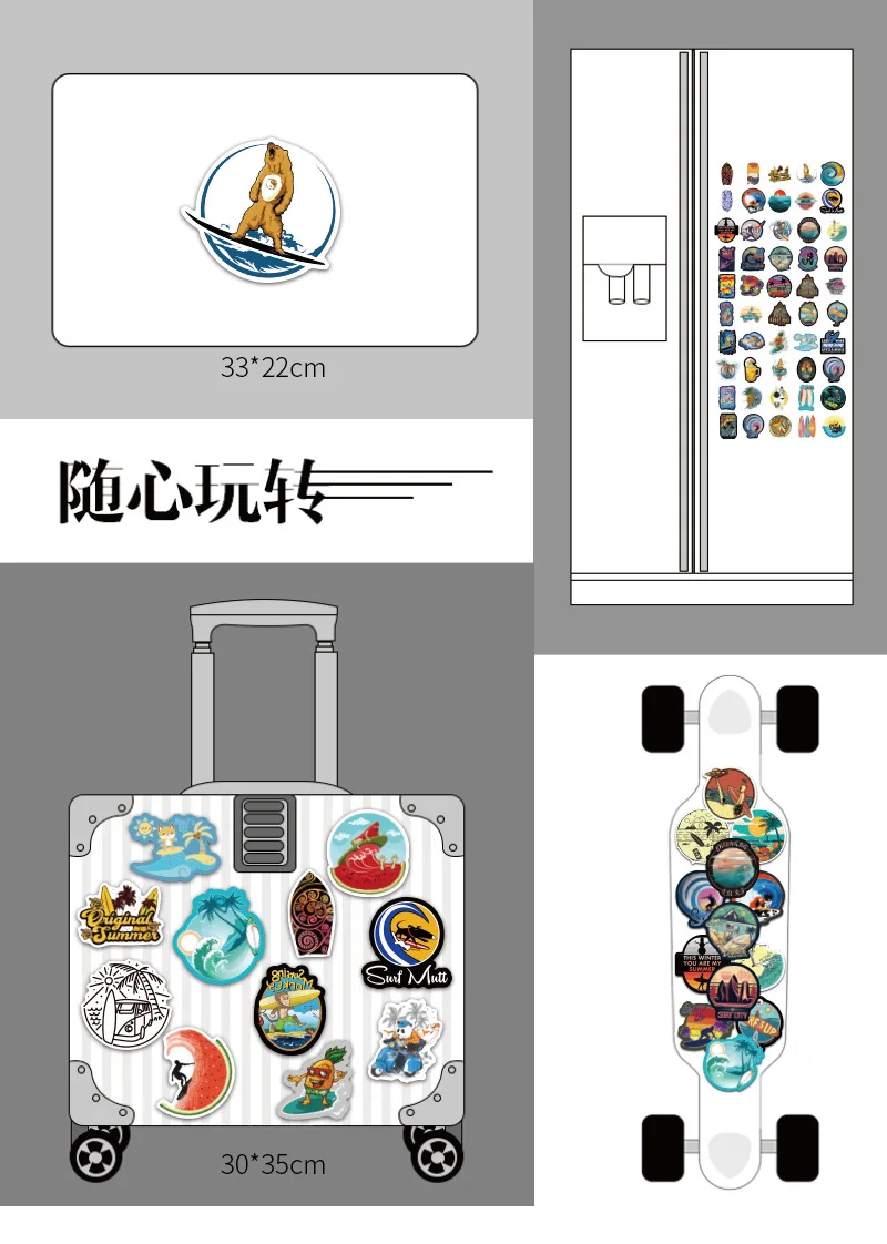 105pcs/set Vsco Girl Stickers Summer Surfing Pattern Waterproof Stickers On Laptop Car Motorcycle Sticker Pack Pusheen