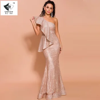 

PCDD Golden Long Evening Dress/Ruffles off-Shoulder Shiny Sequined dresses/Fishtail Dresses/shirt dresses/christmas dress