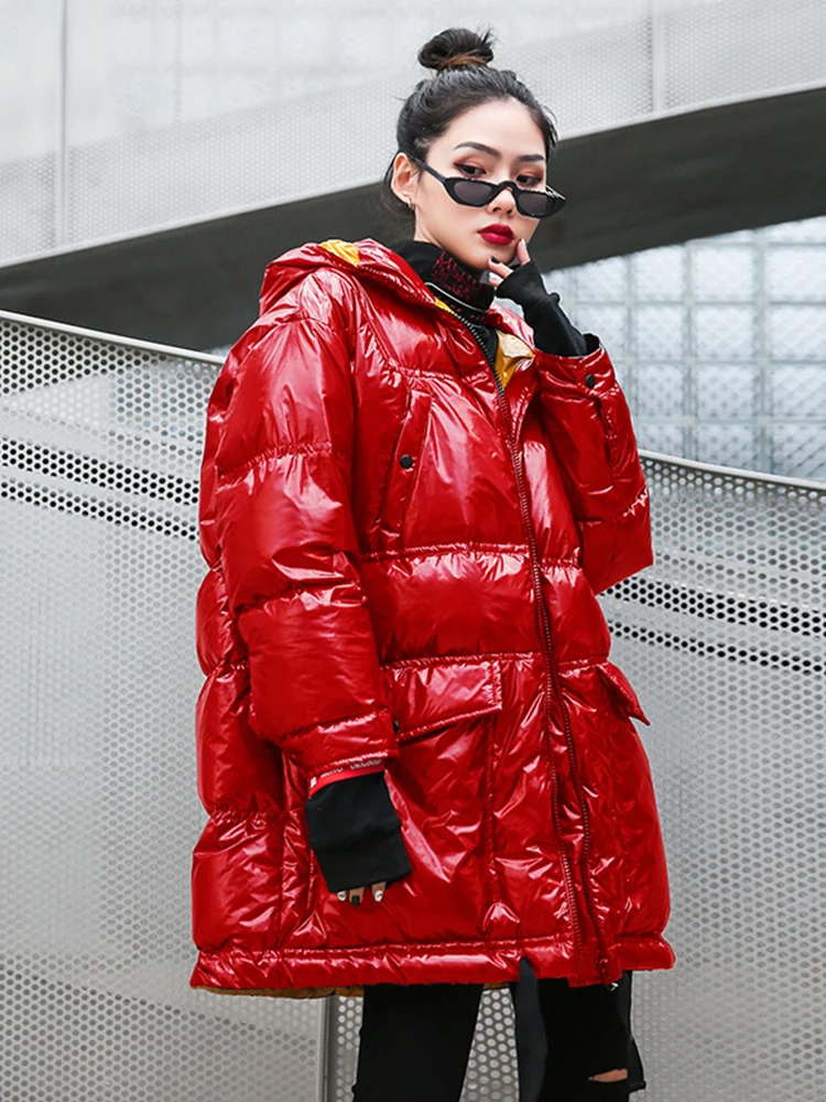 

Solid Color Bright Red Mid-length Loose Hooded Women's Cotton Clothing Fashion Casual Thick Warm Parka Coat 2020 Winter New