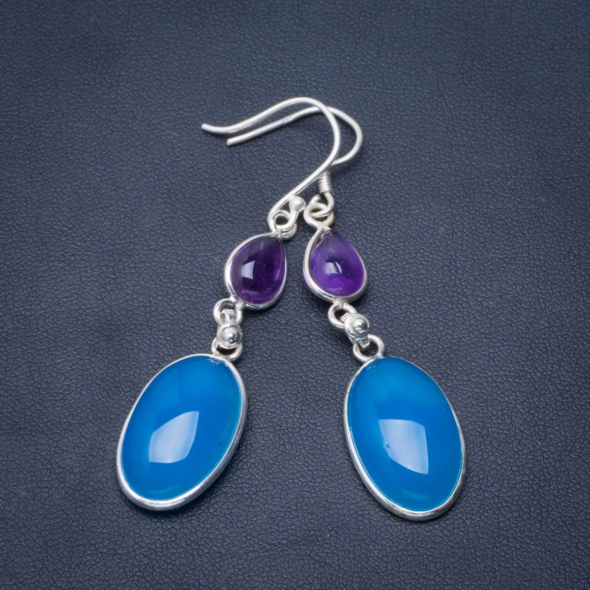 

Natural Chalcedony and Amethyst Handmade Unique 925 Sterling Silver Earrings 2.5" B2098