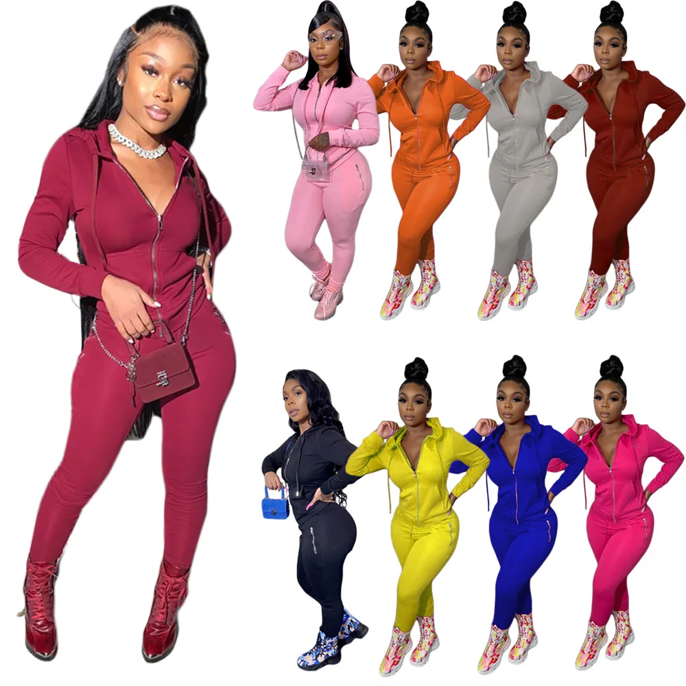 2 Pcs Women Yoga Set Autumn Long Sleeve Drawstring Hooded Cardigan + Zipper Pocket Trousers Two Piece Tracksuit Suit Clothes | Спорт и