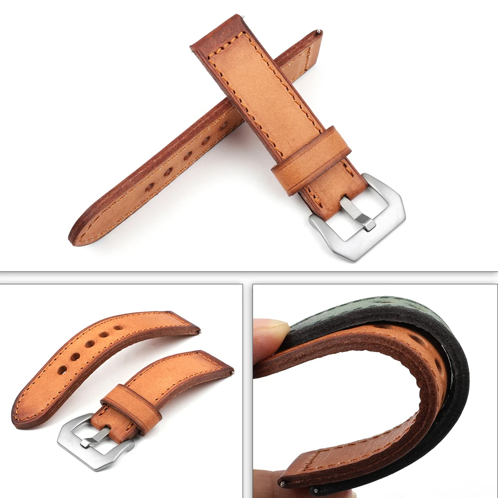 Onthelevel Thick Watch Band Vintage Genuine Leather Strap 20mm 22mm 24mm Handmade Watch Strap Belts Bracelet for Panerai Watch