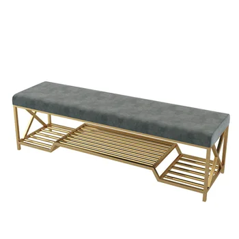 

Fashion Luxury Iron Shoe Rack Home Sofa Door Long Bench With Large Space Footwear Shelf Nordic Comfortable Soft Flannel Cushion