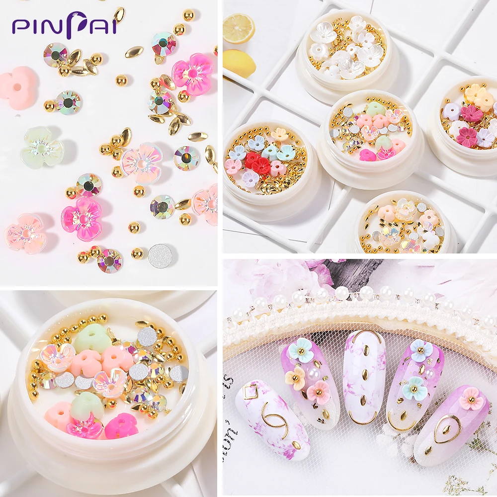 Pinpai новые 5 стилей 3D украшение для ногтей кончик цветы на полочки металлические бусы из горного хрусталя смешанные DIY маникюр Дизайн ногтей Декор Аксессуары