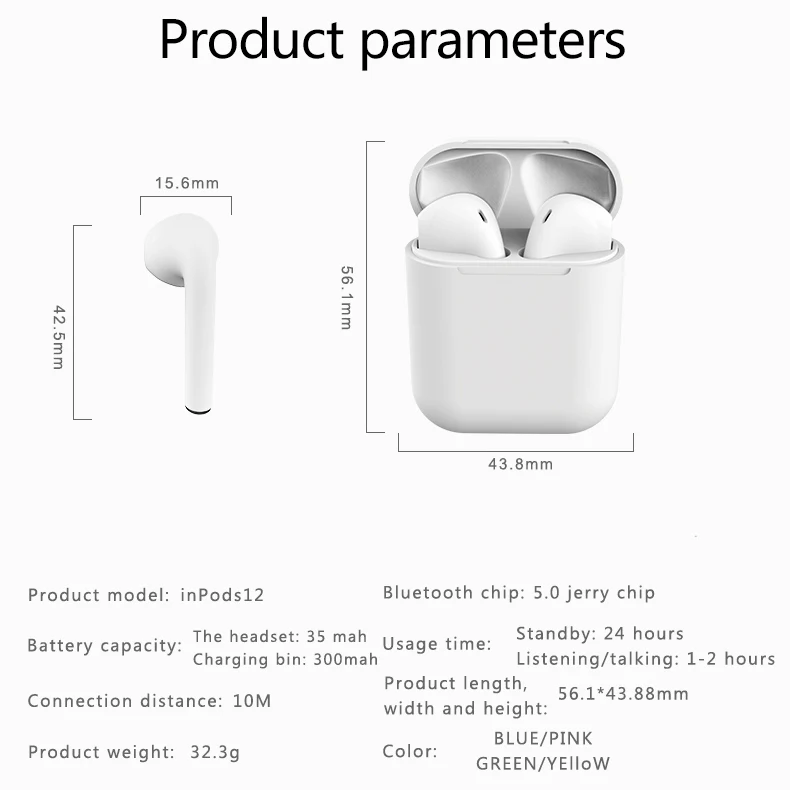 Inpods12 красочные TWS Беспроводные Bluetooth 5,0 наушники супер бас звук наушники для смартфона PK i7s i9s i11 i12