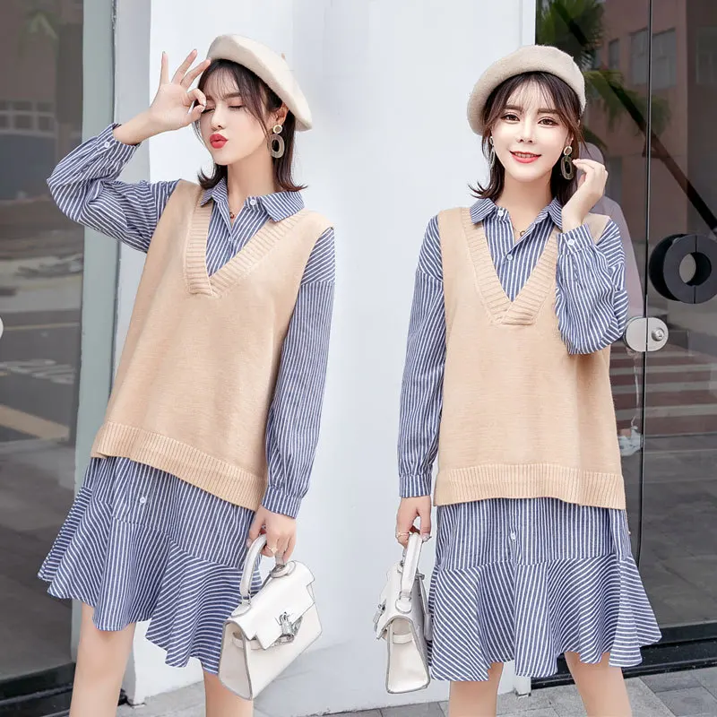

Maternity Clothes 2019 Autumn New Style Korean-style Sweater + Stripes Shirt Dress Two-Piece Set Mid-length Pregnant Women Dress