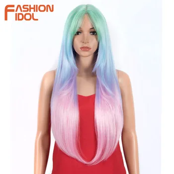 

FASHION IDOL Long Straight Wig With Bangs Synthetic Wigs For Black Women 32 Inch Heat Resistant Ombre Rainbow Wigs Cosplay Hair