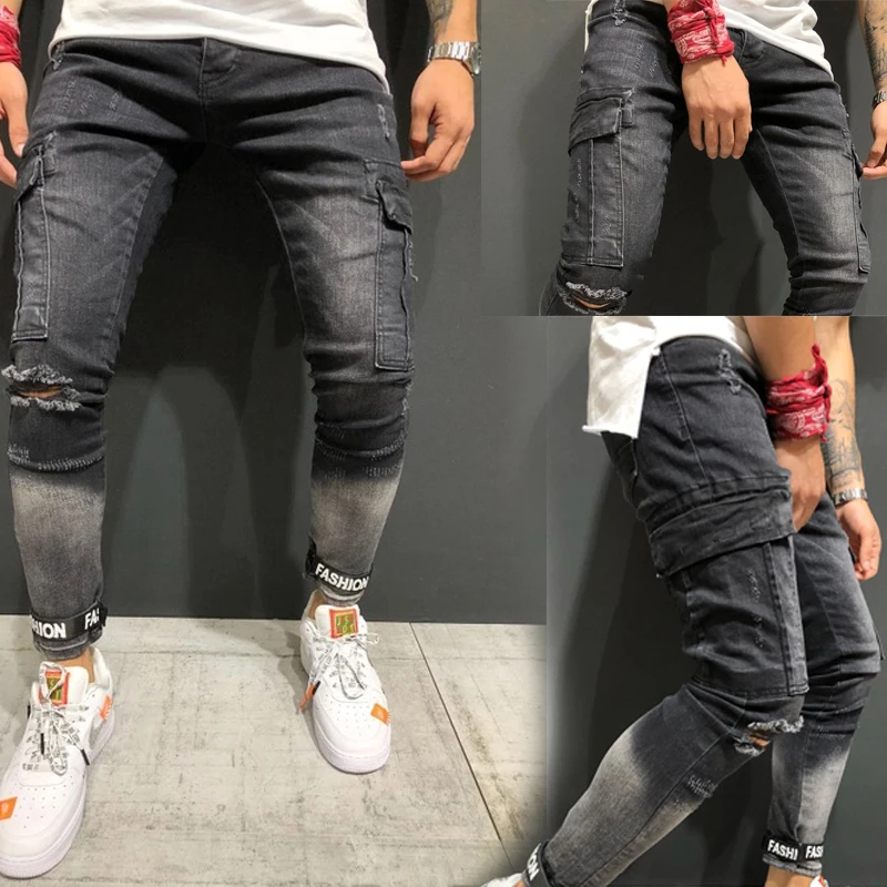 

Men's Elastic Jeans New Quality Hollow Small-foot Fashion Jeans Large-pockets Men's Long Pants