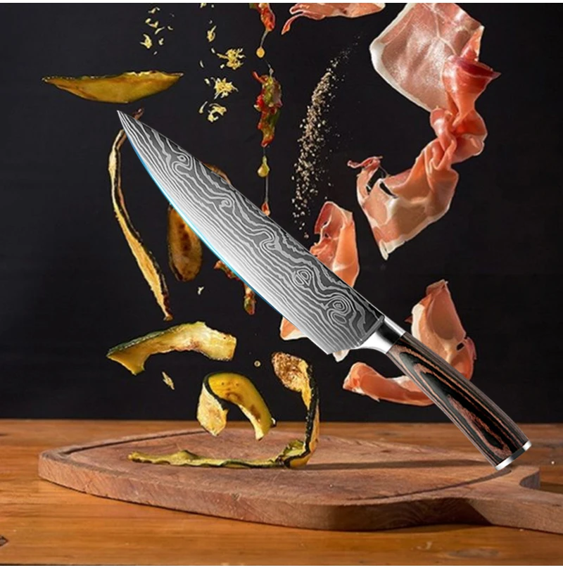 Набор кухонных ножей, лезвия из нержавеющей стали, дамасский лазерный нож шеф-повара, 3 шт., 3," 5" " дюймов, Santoku, кухонные инструменты, аксессуары