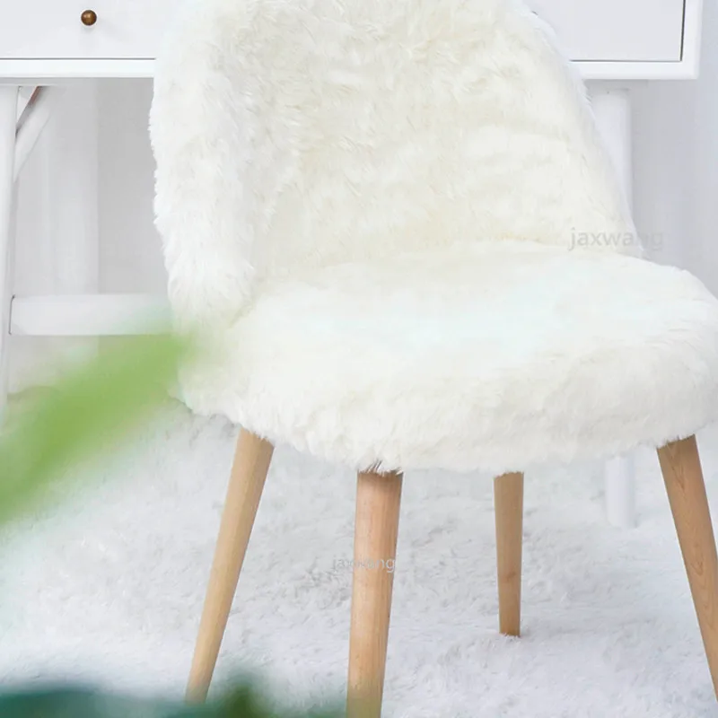 

Nordic Solid Wood Dining Chair Simple Home Soft Wool Fur Stool Back Hotel Light Luxury Shell Chair Girl Bedroom Lounge Chair