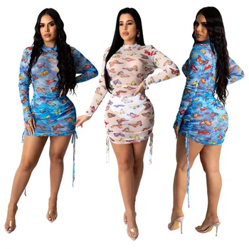 

Sexy Bodycon Dress Women Butterfly Printed Mesh Perspective Lace Up Midi Flirty Charming Lady Club Party Vestidos Woman Clothes