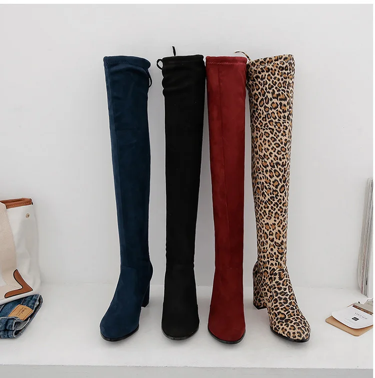 Пикантные Сапоги выше колена новые сапоги до колена женская зимняя обувь леопардовые облегающие высокие сапоги до бедра теплые женские сапоги размера плюс 42, 43