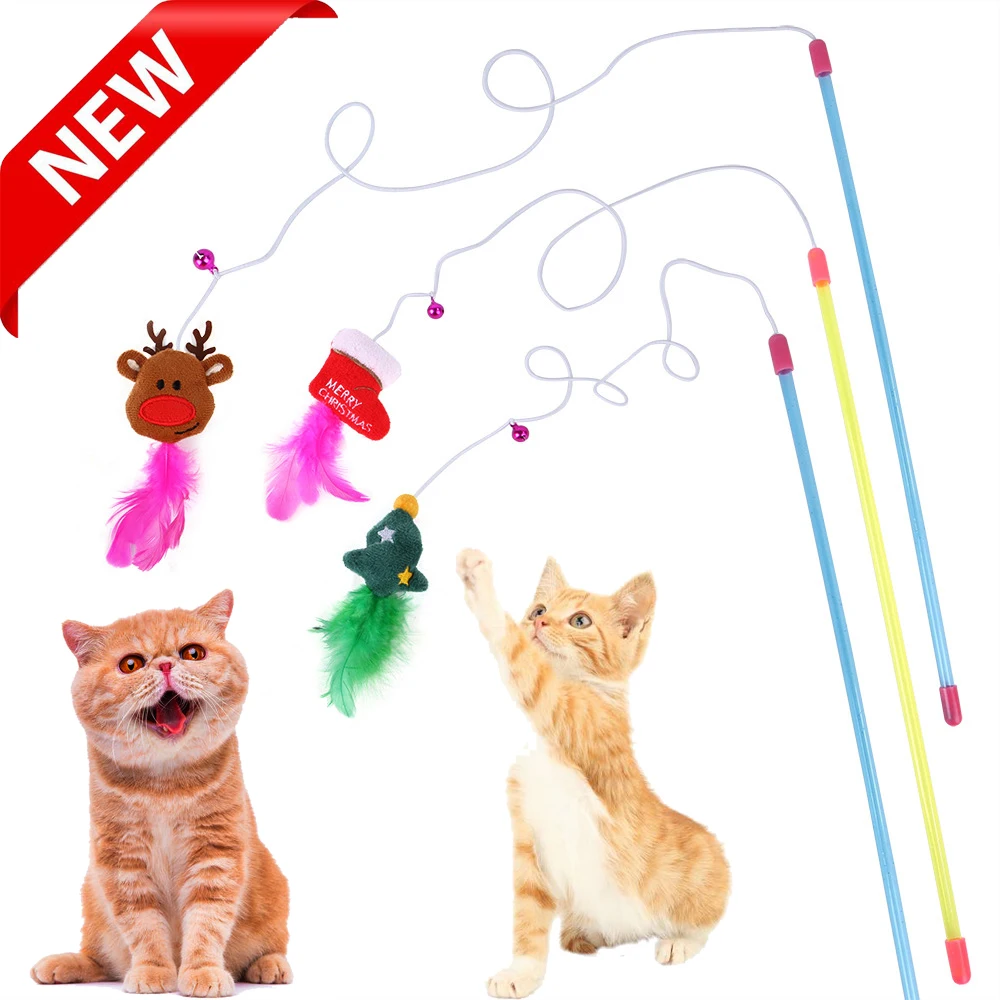 

Funny Cat Teaser Christmas Cat Toys Teaser for Cats Kitten Interactive Feather Wand Stick with Small Bell Wire Chaser Kat Toy