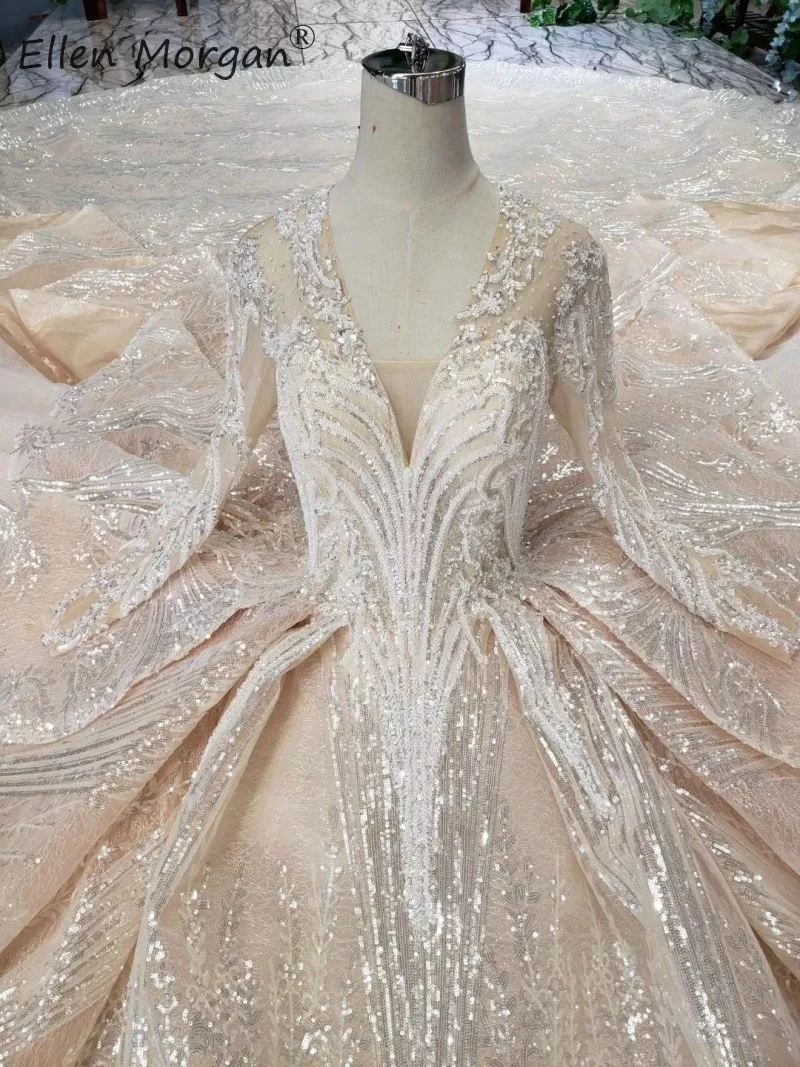 Роскошное блестящее свадебное платье Vestido De Novia,, кружевное платье с длинным рукавом, v-образный вырез, бисер, часовня, шлейф, официальное Свадебное бальное платье