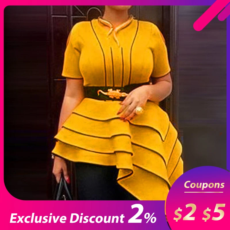 

Stripe Falbala Short Sleeve Mid-Length Blouse Brihgt Yellow Ruffle Elegant Wome's Summer Long Tops High Waist Blouses Female