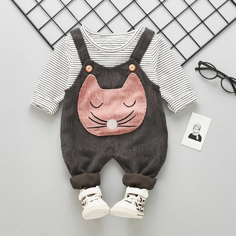 

Autumn New Cartoon Pattern Striped Print Girls Sets Korean Style Shirt Bib Pants 2PCS Children's Sets