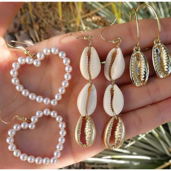 

Tocona 6Pcs/Set Heart Pearl korean Earrings Set Bohemian Shell Pendant Long Drop Earrings 2019 Women Statement Jewelry 8810