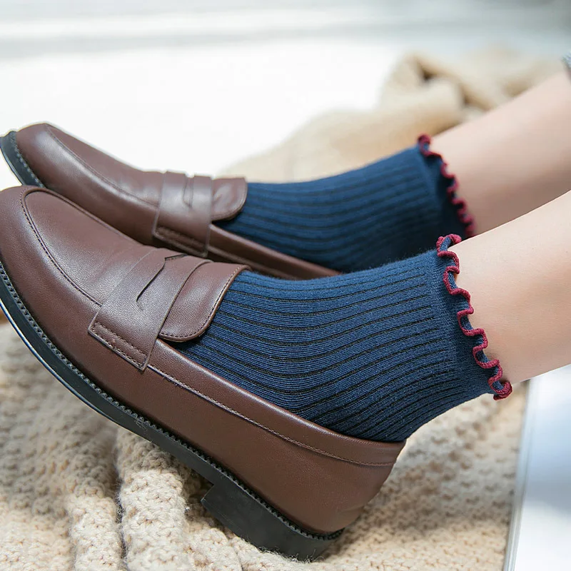 Новые Модные цветные хлопковые женские носки с оборками новейший дизайн ретро милые носки принцессы осенние винтажные носки контрастных цветов