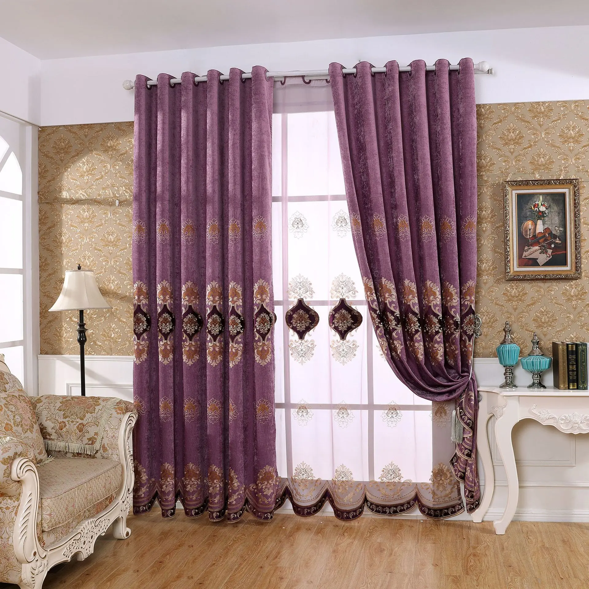 

European Chenille Tapestry Embroidered Light-shade Polychromatic Curtains for Living Dining Room Bedroom.