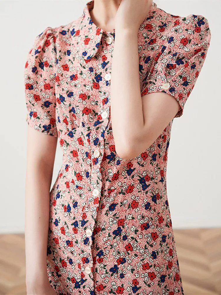

Women Peter Pan Collar Dress Vintage Floral Print Puff Sleeve French Style Midi Dress Summer Short Sleeve Female Clothing