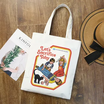 

Let's Let's Sacrifice Toby Devil Letter Print Women Canvas Large Capacity Vintage Harajuku Cartoon Casual Shoulder Bag