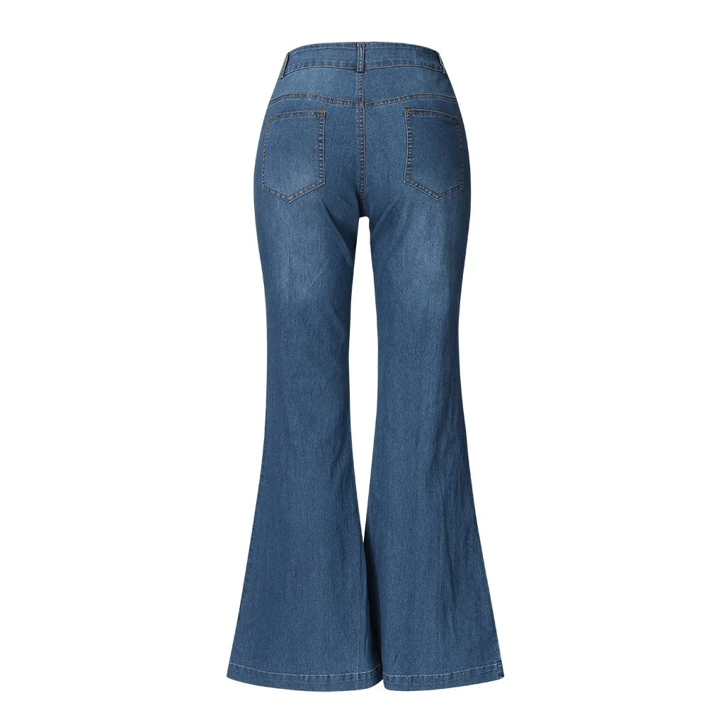 Plus Size Black Blue Jeans Women Destoryed Flare Jeans Spodnie Damskie Button Waist Bell Bottom Denim Long Pants Jean Femme#C11