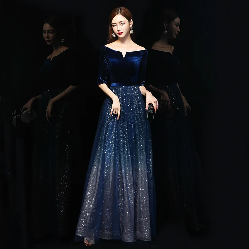 

Sexy Navy Blue Oriental Party Female Off Shoulder Stage Show Full Length Qipao Elegant Celebrity Evening Dress Banquet Dresses