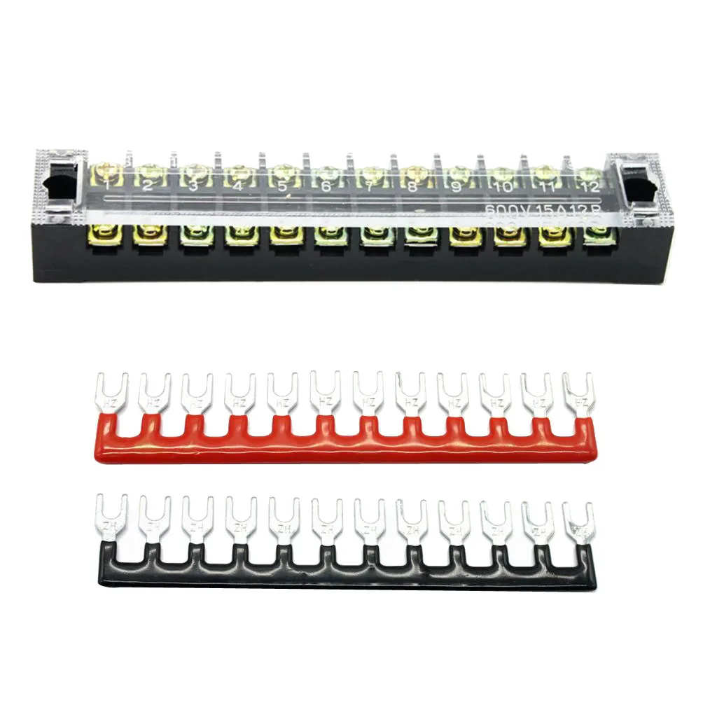 600V 15A 12 Positions Dual Rows Covered Barrier Screw Terminal Block Strip