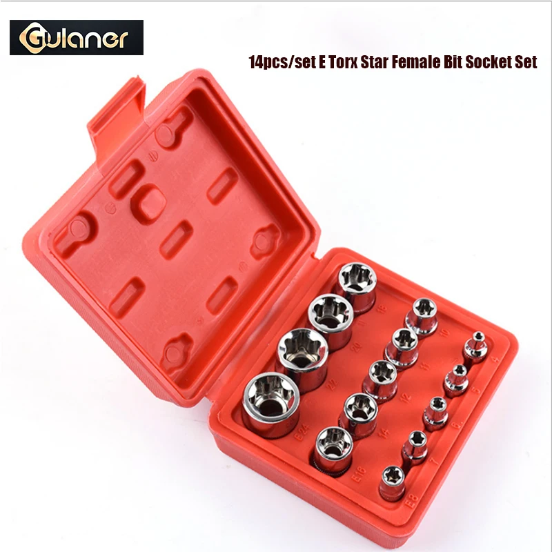 

14pcs/set E Type Torx Star Female Socket Bit Set Crv 1/2" 3/8" 1/4" Drive E4 - E24 for Repair Tool Hand Tool Set