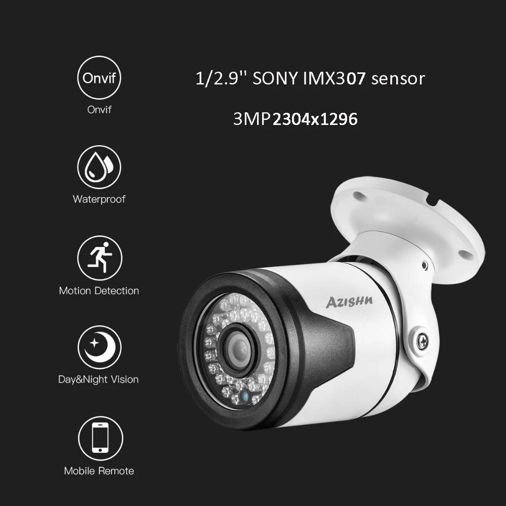 AZISHN H.265 3MP металлическая IP камера 2304x1296 36IR Onvif P2P обнаружения движения RTSP видеонаблюдения наружного XMEye