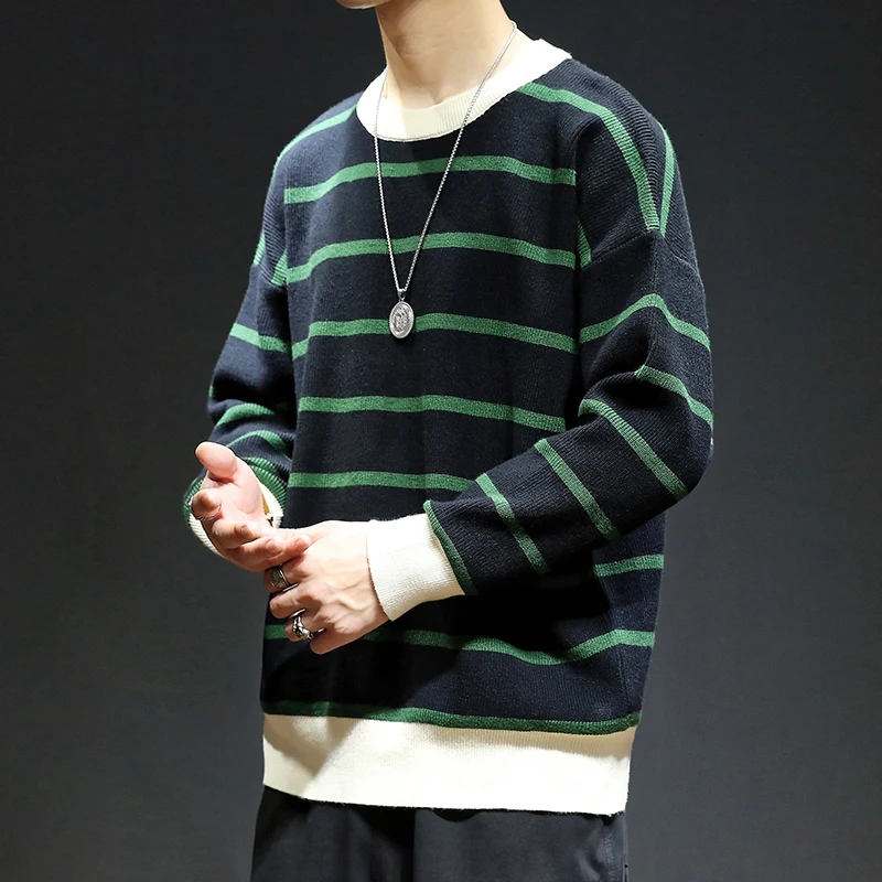 Winter Striped Sweater Men Warm Fashion Contrast Color Casual Knit Sweter Man Streetwear Loose Long-sleeved Pullover Men M-5XL