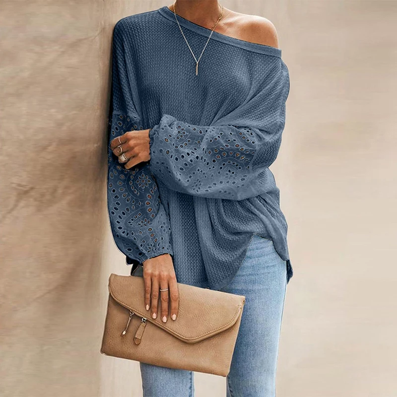 Sexy One Off Shoulder Knitted Pullover Sweaters Casual Long Flare Sleeve Embroidery Hollow Out Knitwear Tops