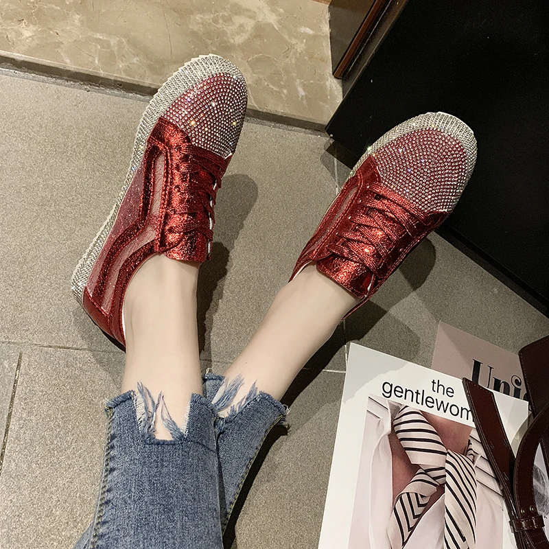 wetry Loafers Women Platform Flats Faux Rhinestone Sneakers Lace-up Silver Solid Creepers Mujer Casual Flat Shoes