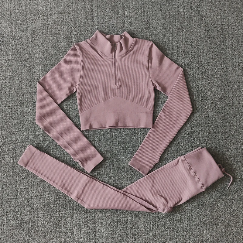 Seamless Women Yoga Set Workout Sportswear Gym Clothing Zipper Long Sleeve High Waist Leggings Fitness Bra Athletic Sports Suits