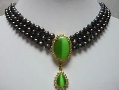 Charm 3 row 6-7mm Black Freshwater pearl &amp18GKP opal Cat' s eye Green pendant Bridal wedding Jewelry necklace | Украшения и