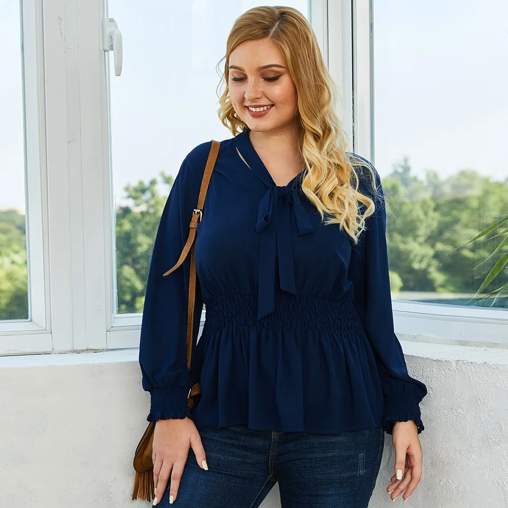 

Plus Size Blouse Women V-Neck Bow Full Lantern Sleeve Draped Strectchy Spring Summer Women Clothes Tops Roupa Feminina 2020