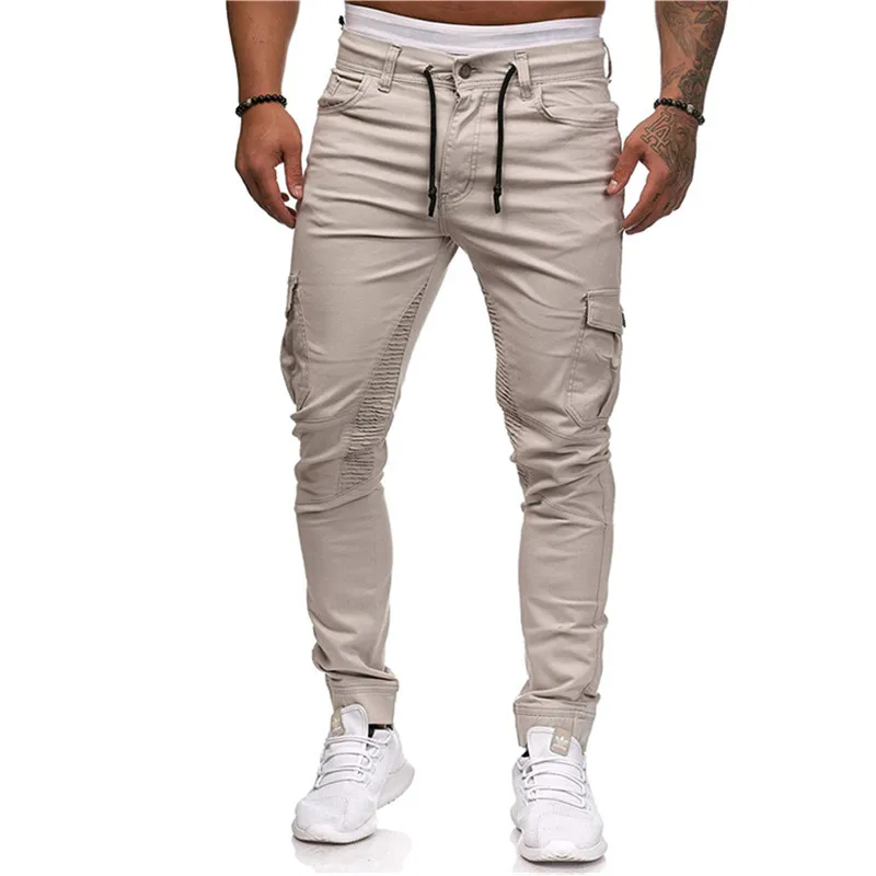 beige Новинка мужские модные повседневные брюки-карандаш с боковыми карманами для бега, стильные мужские брюки Casolo, брюки-карго с ремешком на щиколотке, одежда для фитнеса - Цвет: beige