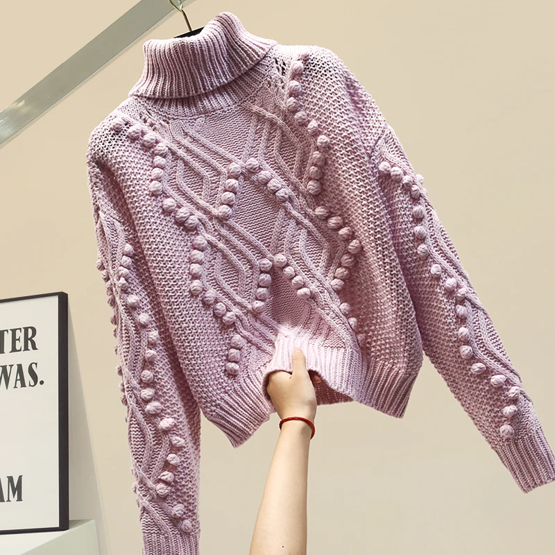 Осенне-зимний женский свитер,, высокий воротник, меховые шарики, водолазка, теплое пальто, свободные свитера, джемпер для женщин
